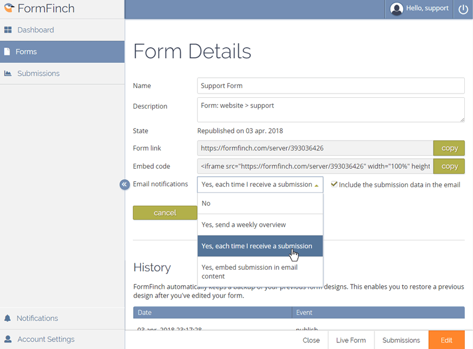 email notifications setting on form details page