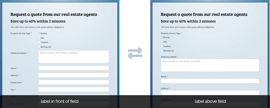 Examples of the different label positions or form orientation