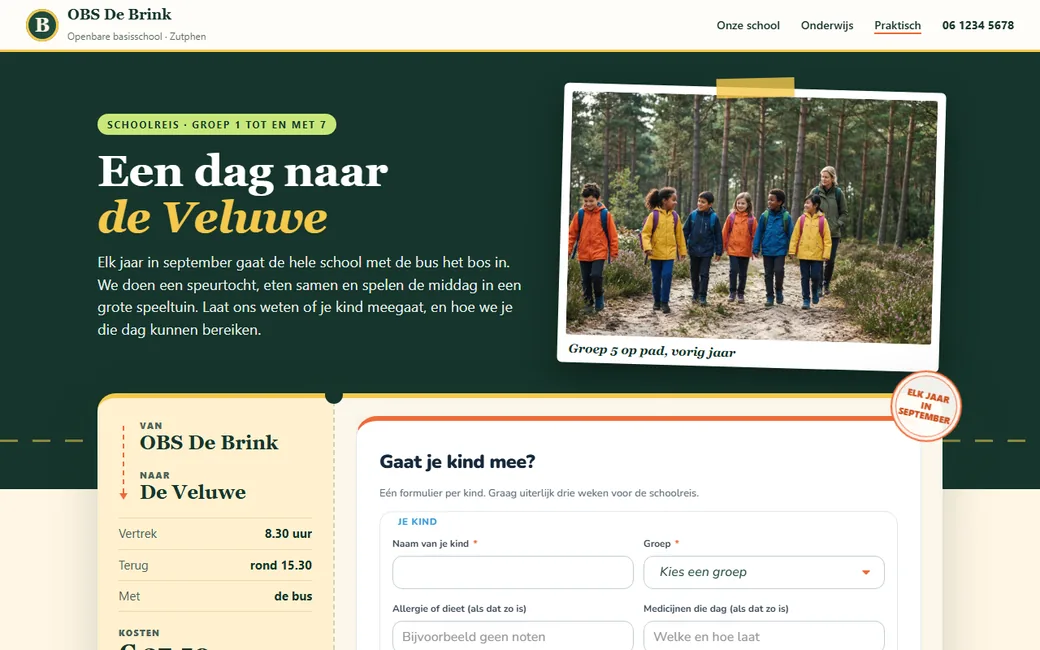 Voorbeeld van een schoolpagina met een formulier voor de schoolreis