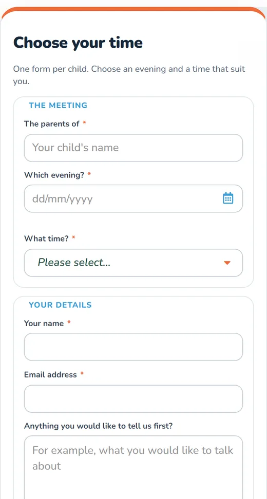 The parents' evening booking form on a phone