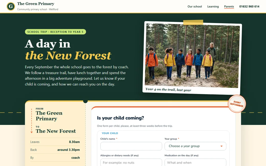 Sample school page with a school trip form