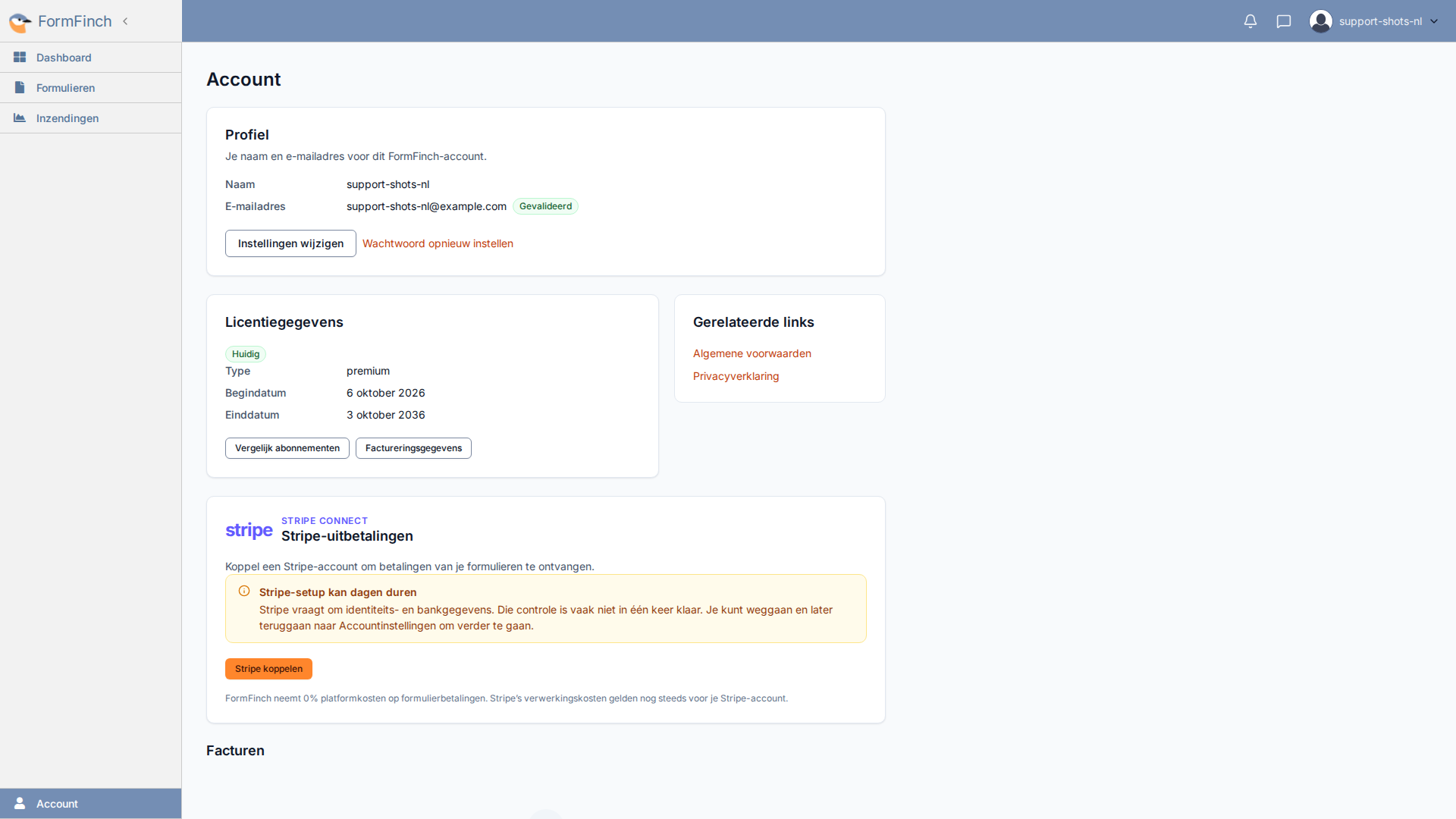 Accountkaart Stripe-uitbetalingen met Stripe koppelen en de melding over 0% platformkosten