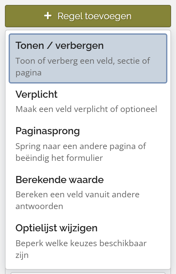 Menu Regel toevoegen met de vijf regeltypen