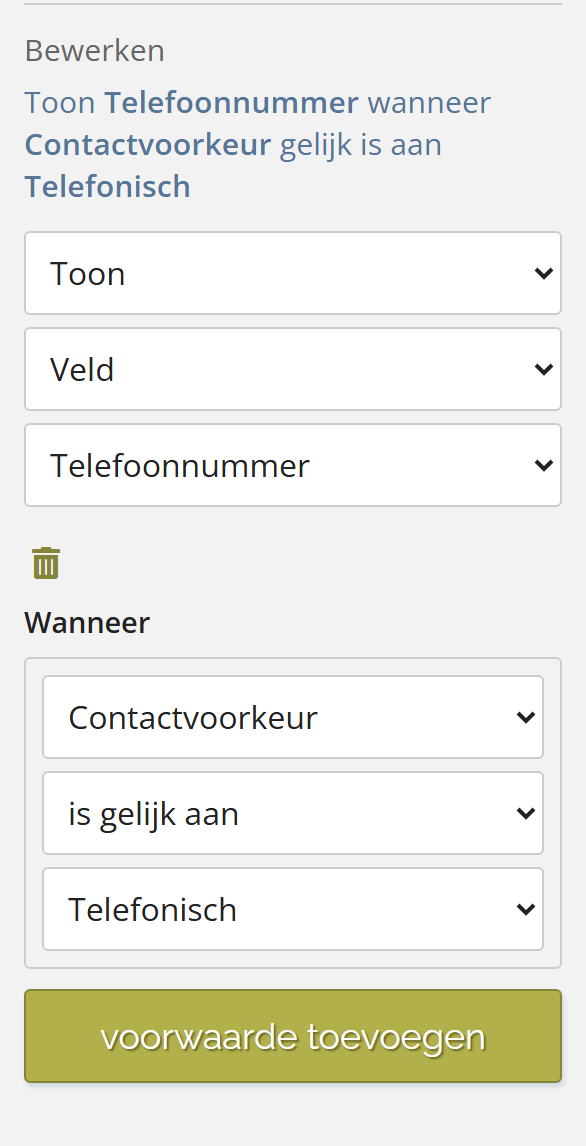Zichtbaarheidsregel: toon Telefoonnummer wanneer Contactvoorkeur gelijk is aan Telefonisch