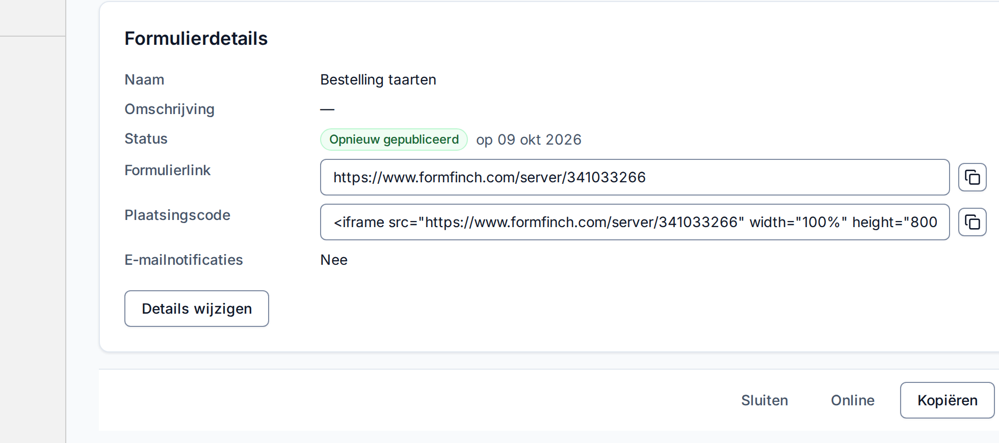 Formulierdetails met de velden Formulierlink en Plaatsingscode en knoppen om te kopiëren
