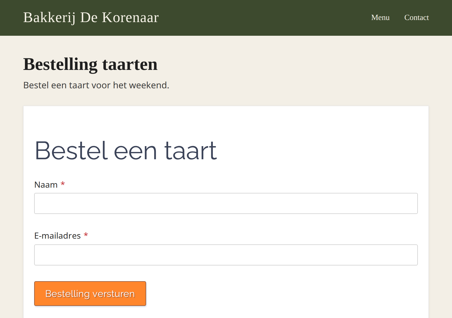 Een eenvoudige website met het gepubliceerde formulier in een iframe onder de paginakop