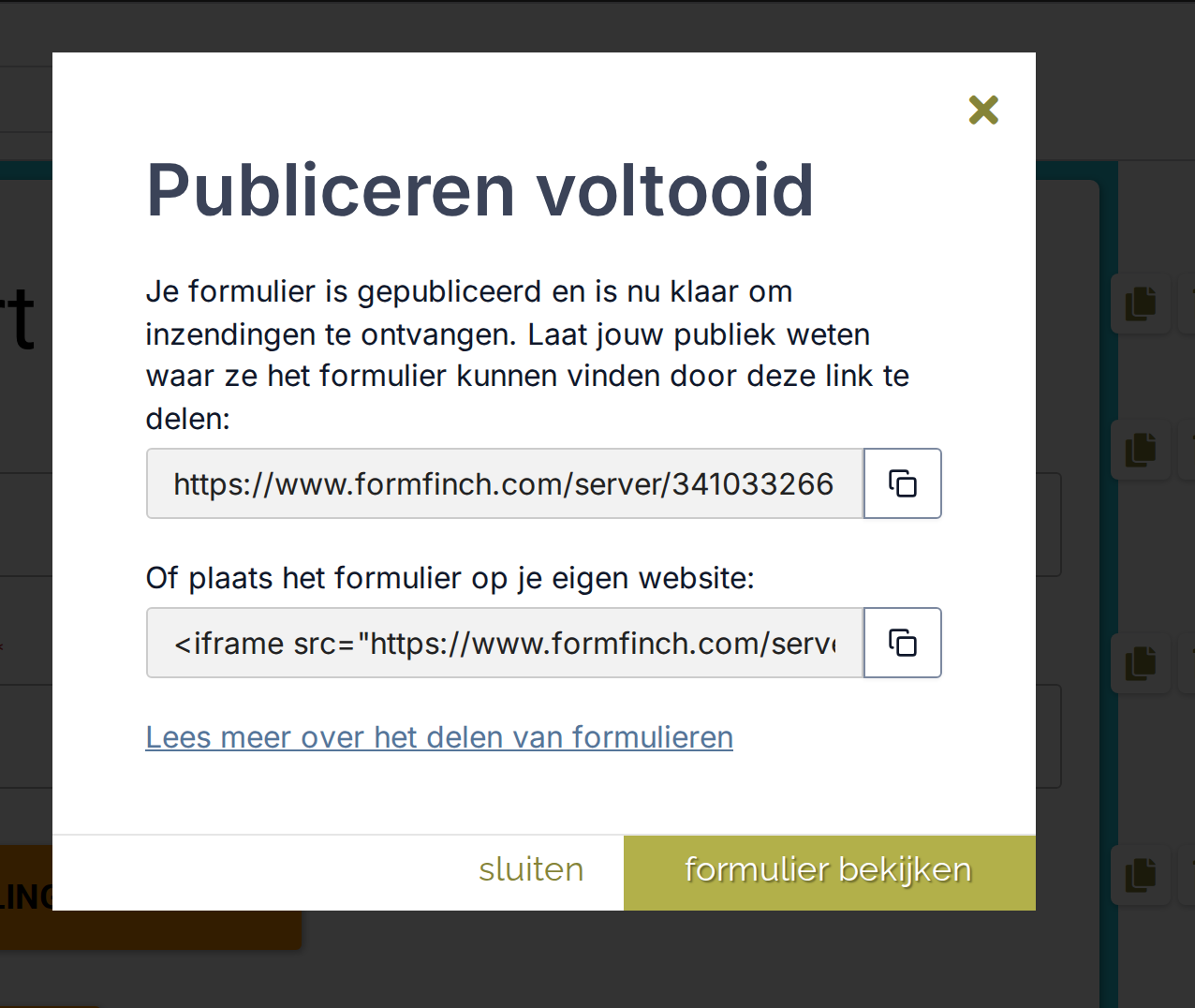 Venster Publiceren voltooid met de deellink, de iframe-plaatsingscode en knoppen om te kopiëren