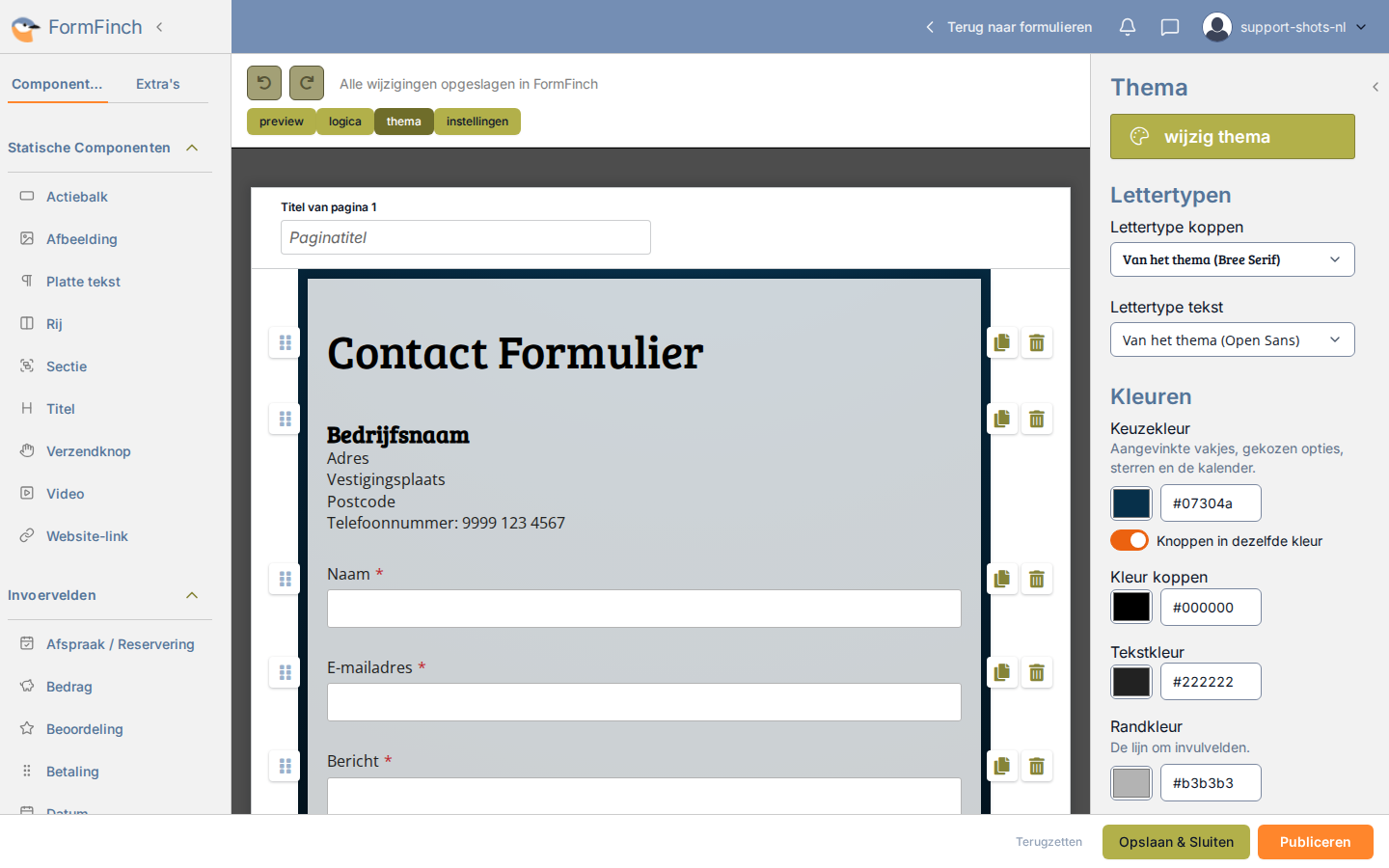 Ontwerpinterface met het paneel Thema open naast Contact Formulier. Werkbalkknoppen preview, logica, thema en instellingen op één rij.