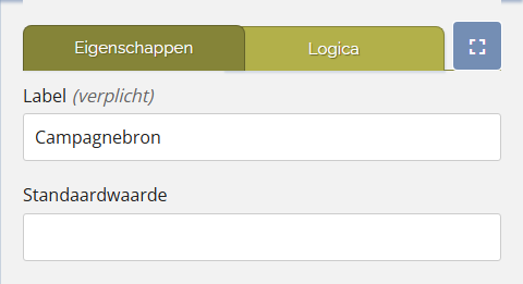 Eigenschappenpaneel van een Gegevensveld met de eigenschappen Label en Standaardwaarde