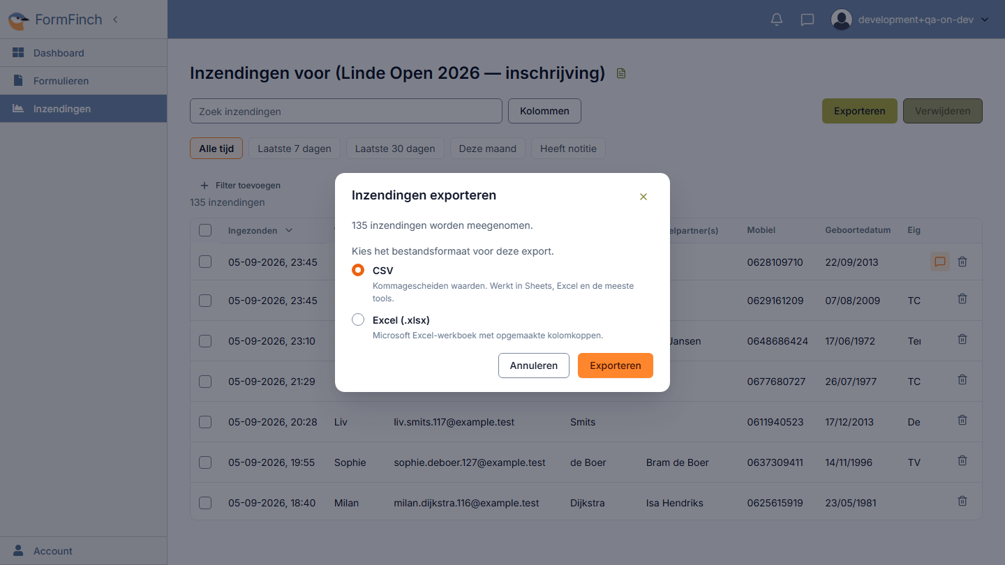 Dialoogvenster Inzendingen exporteren met CSV- en Excel-opties
