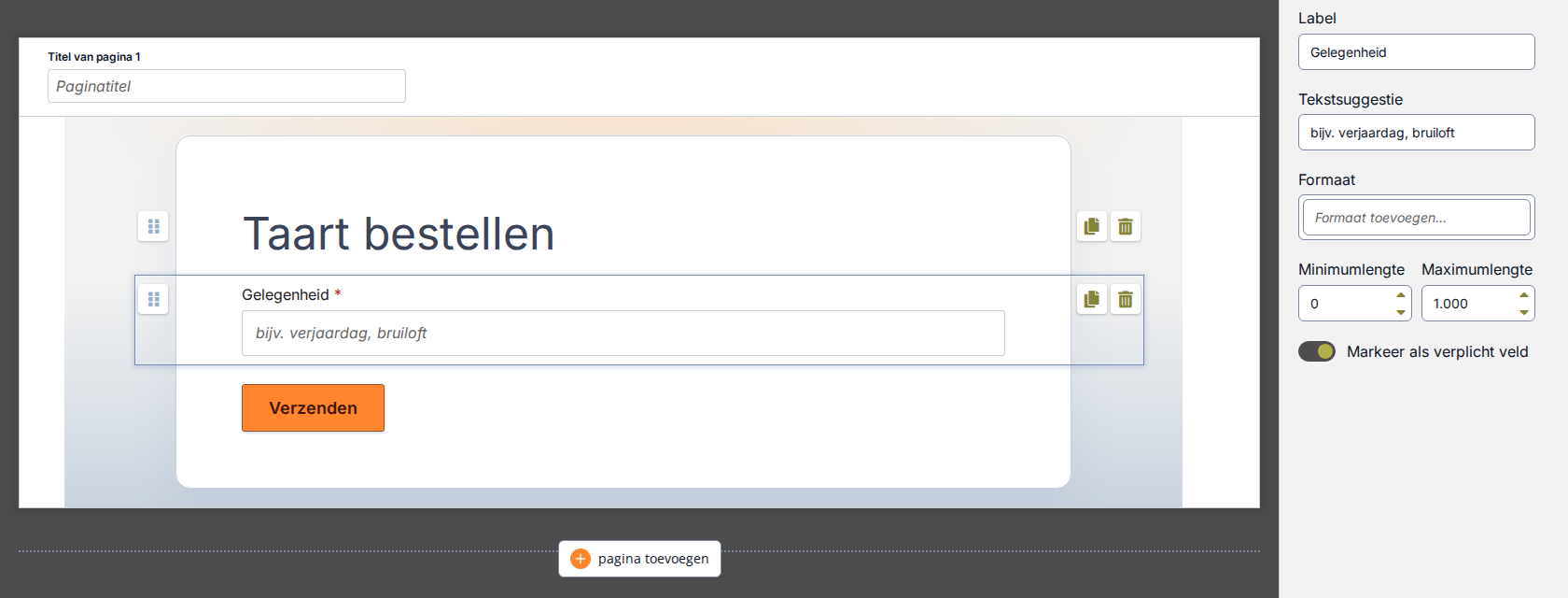 Formulierontwerpinterface met een Korte vraag geselecteerd: Gelegenheid op het canvas met de tekstsuggestie bijv. verjaardag, bruiloft, en de eigenschappen Label, Tekstsuggestie, Formaat, Minimumlengte, Maximumlengte en Markeer als verplicht veld