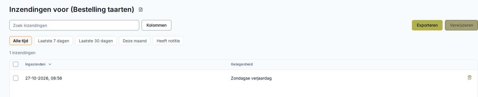 Inzendingenoverzicht voor Bestelling taarten met een rij waarin Zondagse verjaardag in de kolom Gelegenheid staat