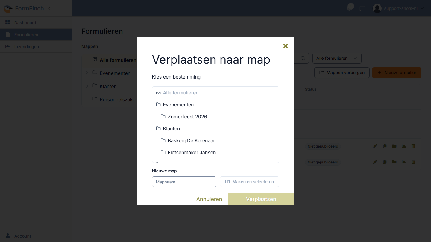 Venster Verplaatsen naar map met een lijst van mappen en een veld om een nieuwe map te maken