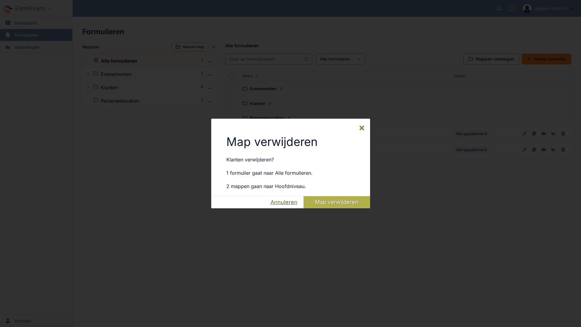 Venster Map verwijderen: 1 formulier gaat naar Alle formulieren, 2 mappen gaan naar Hoofdniveau