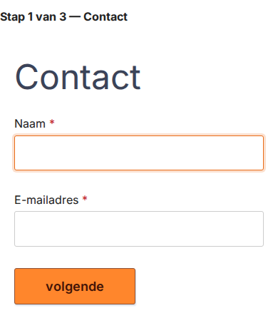 Formulier op telefoonformaat met Stap 1 van 3 — Contact boven de eerste vragen