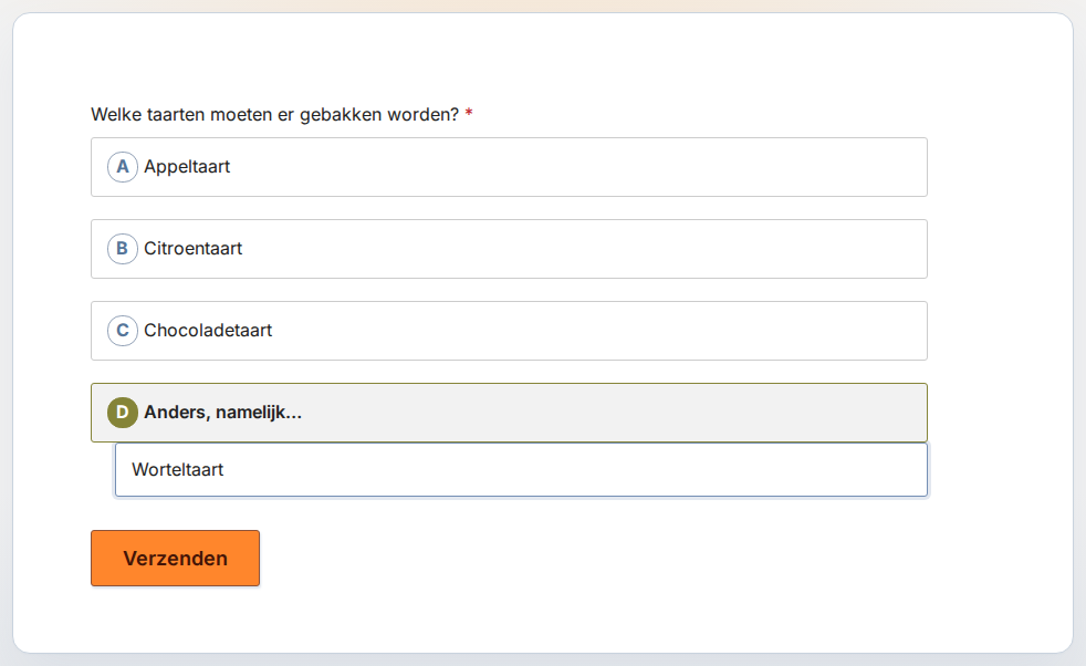Voorbeeld van een Meerkeuzevraag met knoppen met letters, Anders, namelijk… geselecteerd en Worteltaart in het tekstvak eronder