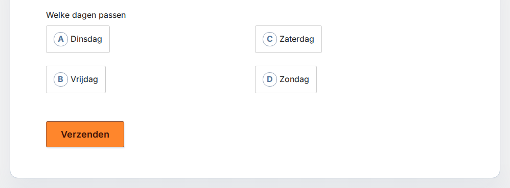 Voorbeeld van een Meerkeuzevraag in de weergave Raster, met vier knoppen met letters in twee kolommen van twee