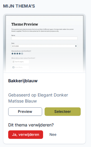 Kaart Bakkerijblauw met Dit thema verwijderen? en Ja, verwijderen / Nee.