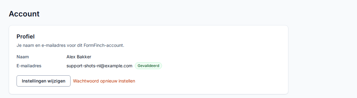Account met de kaart Profiel: Naam, E-mailadres, Instellingen wijzigen en Wachtwoord opnieuw instellen