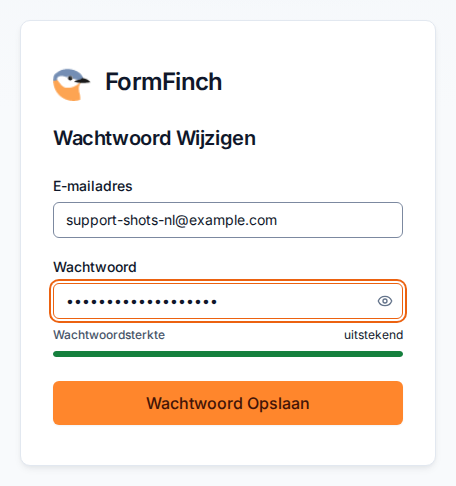 Pagina Wachtwoord Wijzigen met E-mailadres, Wachtwoord, een meter Wachtwoordsterkte en Wachtwoord Opslaan