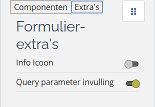 Tabblad Extra's in de formulierontwerpinterface met de schakelaar van Query parameter invulling ingeschakeld