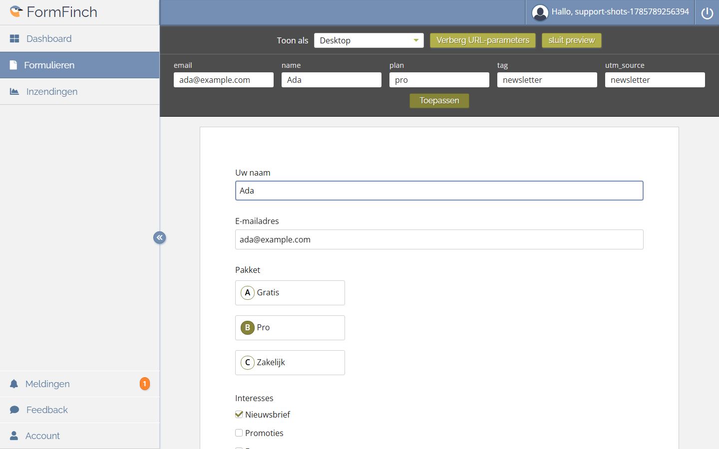 Preview met het paneel URL-parameters geopend en een testwaarde ingevuld