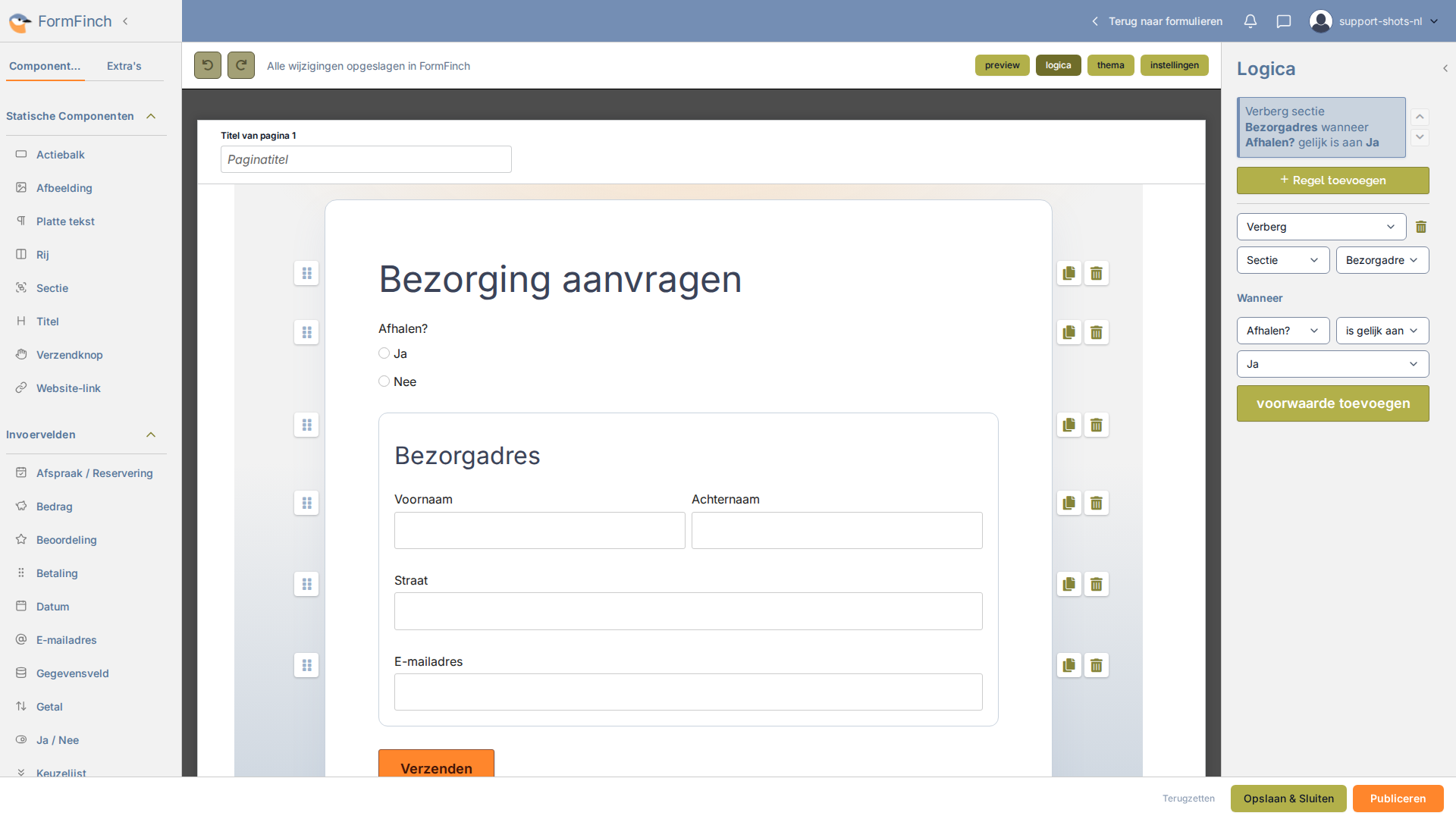 Logica-paneel met een regel Tonen / verbergen die Sectie Bezorgadres als doel heeft wanneer Afhalen gelijk is aan Ja