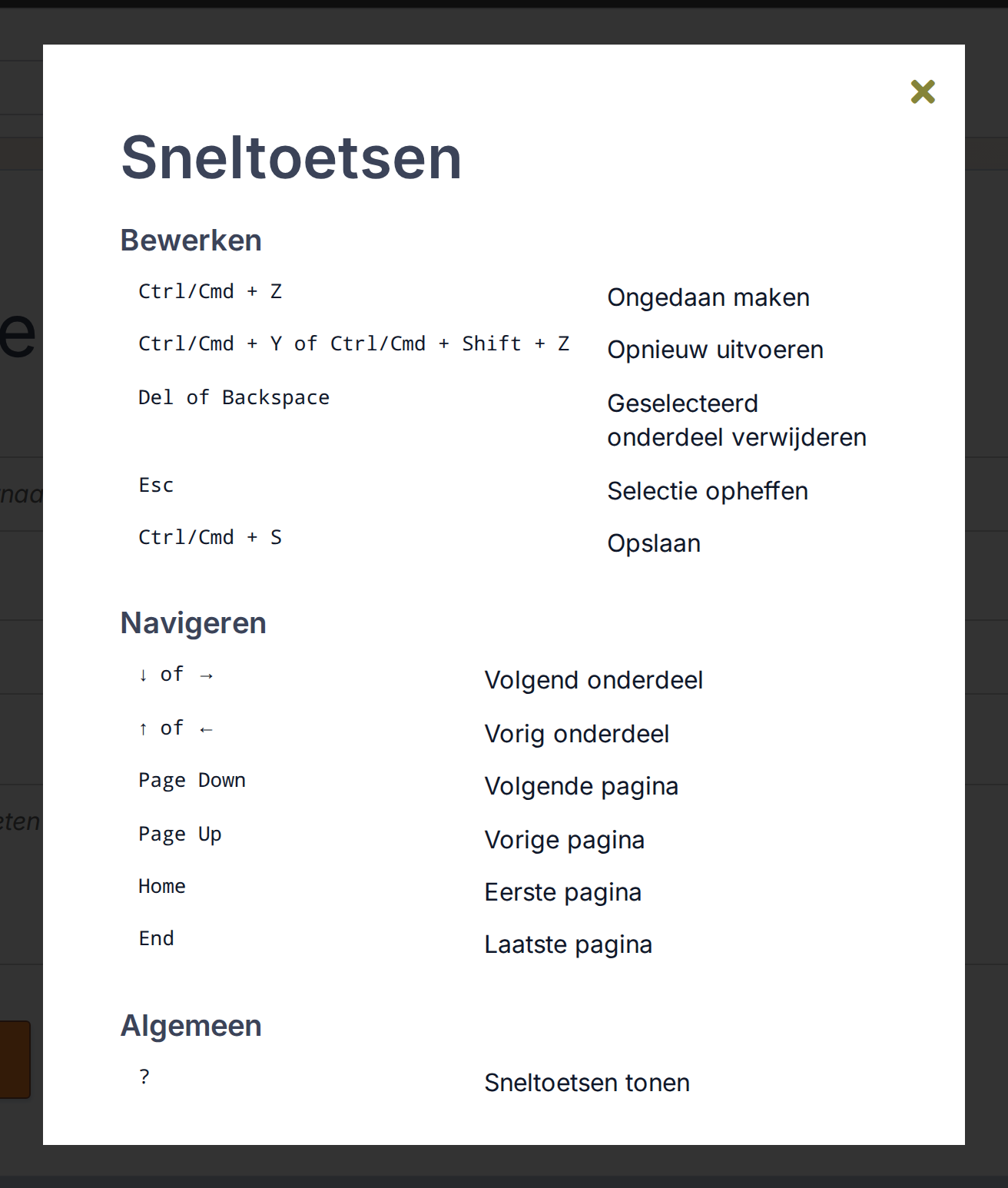 Venster Sneltoetsen in de formulierontwerpinterface, gegroepeerd als Bewerken, Navigeren en Algemeen
