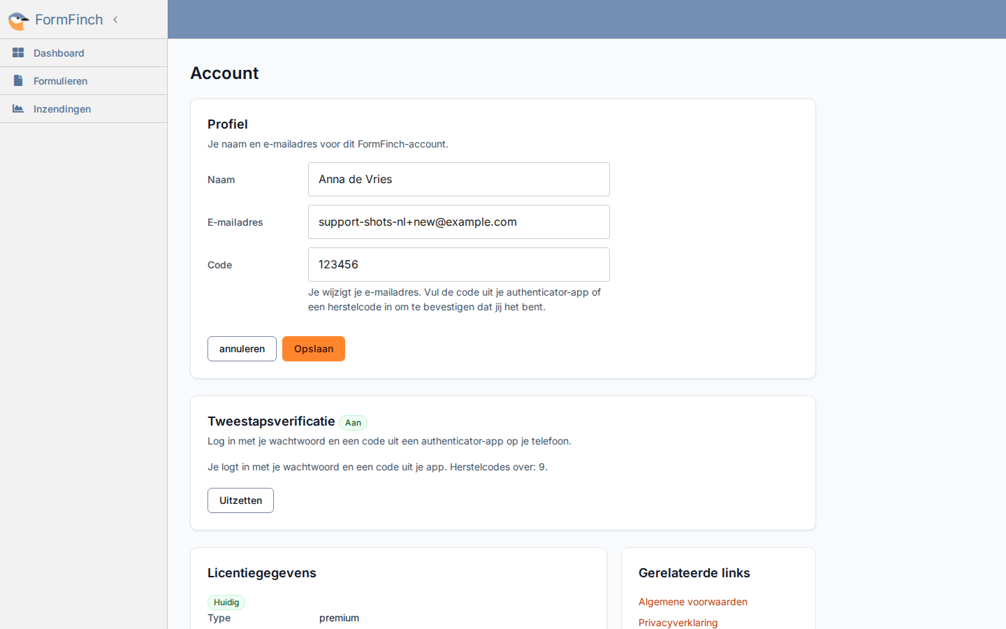Instellingen wijzigen met een veld Code om een nieuw e-mailadres te bevestigen