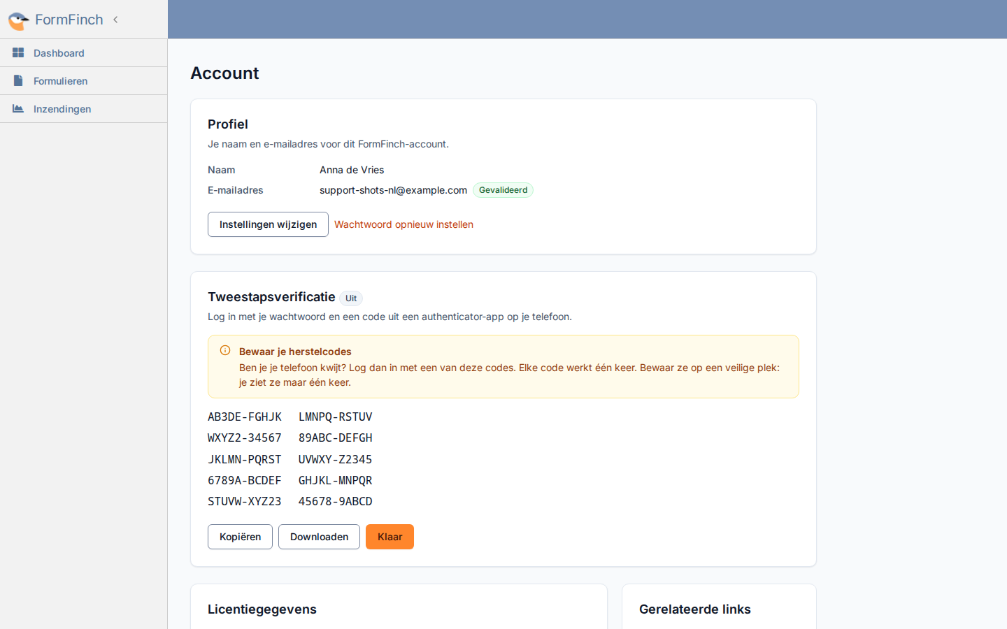 Scherm Bewaar de herstelcodes, met Kopiëren, Downloaden en Klaar
