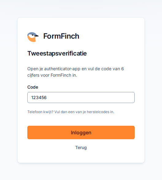 Pagina Tweestapsverificatie met een codeveld en de hint voor een herstelcode