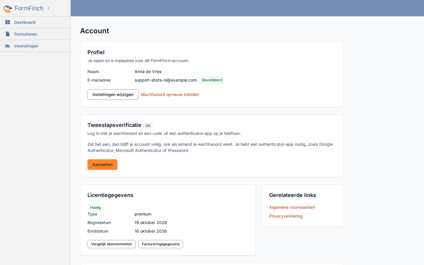 Account met de kaart Tweestapsverificatie op Uit en de knop Aanzetten