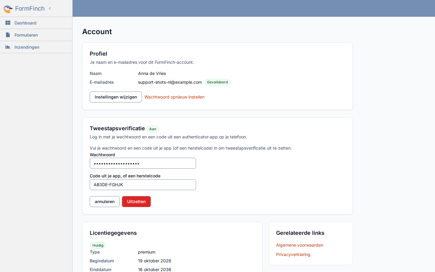 Tweestapsverificatie uitzetten, met Wachtwoord en Code uit de app, of een herstelcode