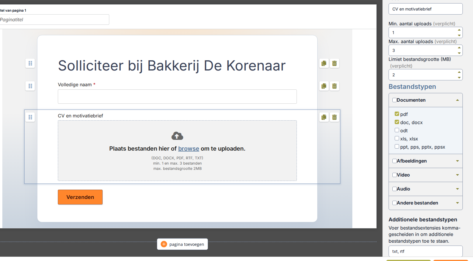 Formulierontwerpinterface met Upload geselecteerd: CV en motivatiebrief op het canvas, en eigenschappen met Min. aantal uploads 1, Max. aantal uploads 3, Limiet bestandsgrootte 2 MB, Bestandstypen met Documenten uitgeklapt en pdf en doc, docx aangevinkt, en additionele typen txt, rtf