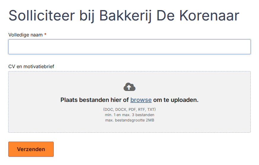 Gepubliceerd formulier Solliciteer bij Bakkerij De Korenaar, met Volledige naam en een Upload-dropgebied CV en motivatiebrief met browse, toegestane typen, min. 1 en max. 3 bestanden, en max. bestandsgrootte 2MB