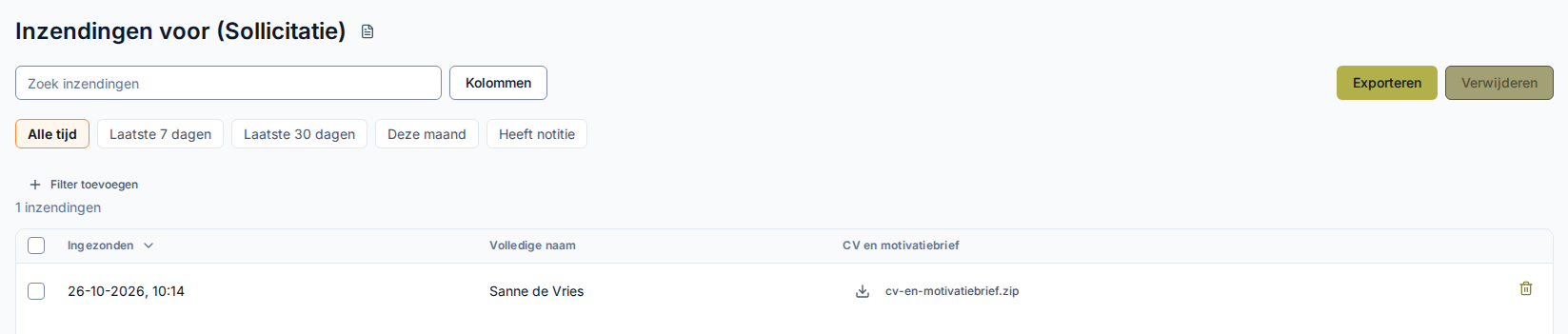 Inzendingenoverzicht voor Sollicitatie, één rij van Sanne de Vries met een Downloaden-knop genaamd cv-en-motivatiebrief.zip