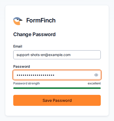 Change Password page with Email, Password, a Password strength meter, and Save Password