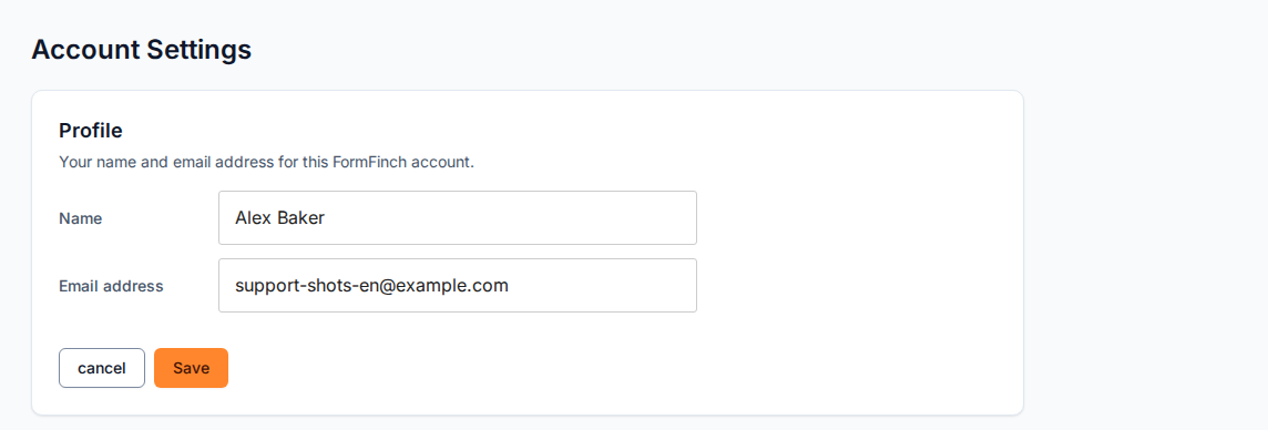 Profile in edit mode with Name and Email address fields, cancel, and Save