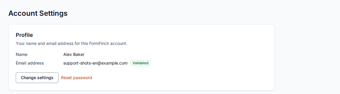 Account Settings with the Profile card showing Name, Email address, Change settings, and Reset password