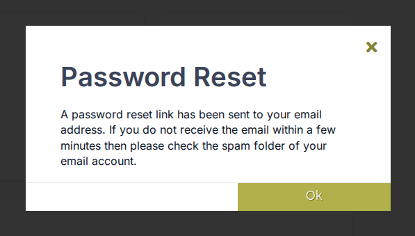Password Reset dialog saying a password reset link has been sent to your email address