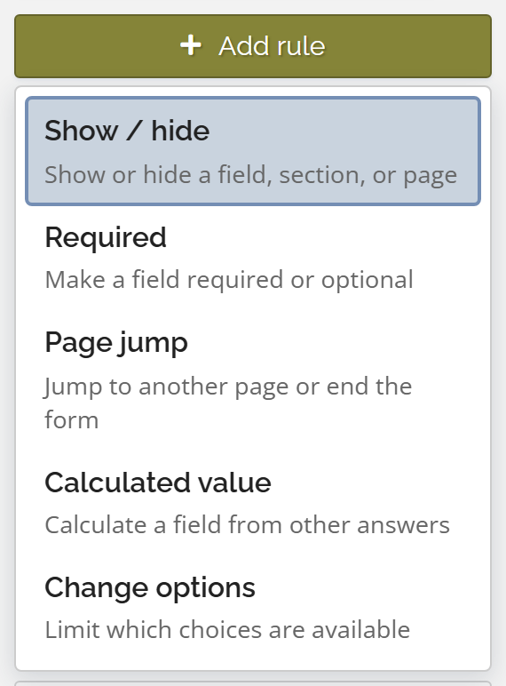 Add rule menu with the five English rule types