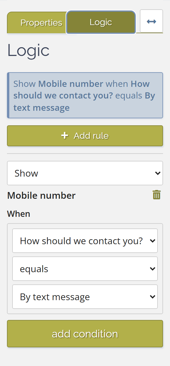 Logic tab for the selected Mobile number field