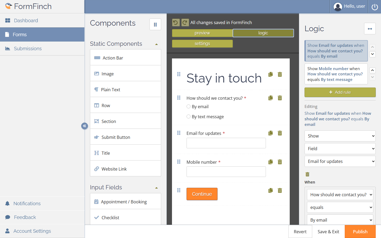 Form Designer with the English Logic panel open