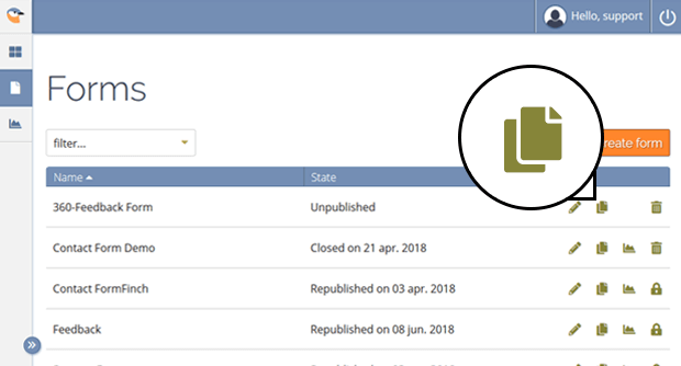 Copy form button location on the Forms page