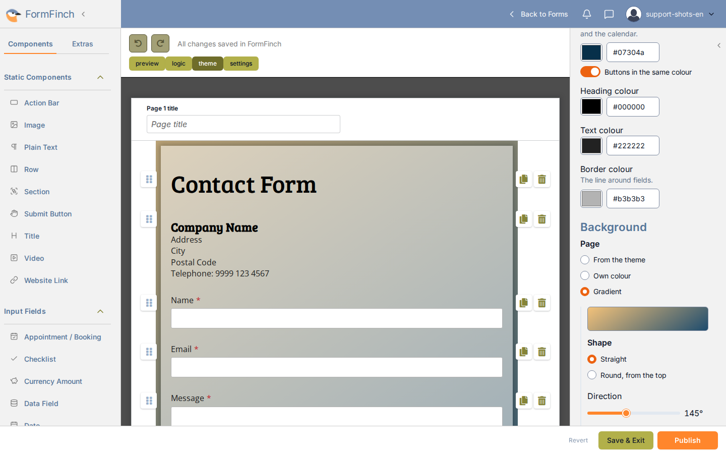 Designer with Page set to Gradient. The contact form sits on a gold-to-navy blend. Shape is Straight. Direction is 145 degrees.