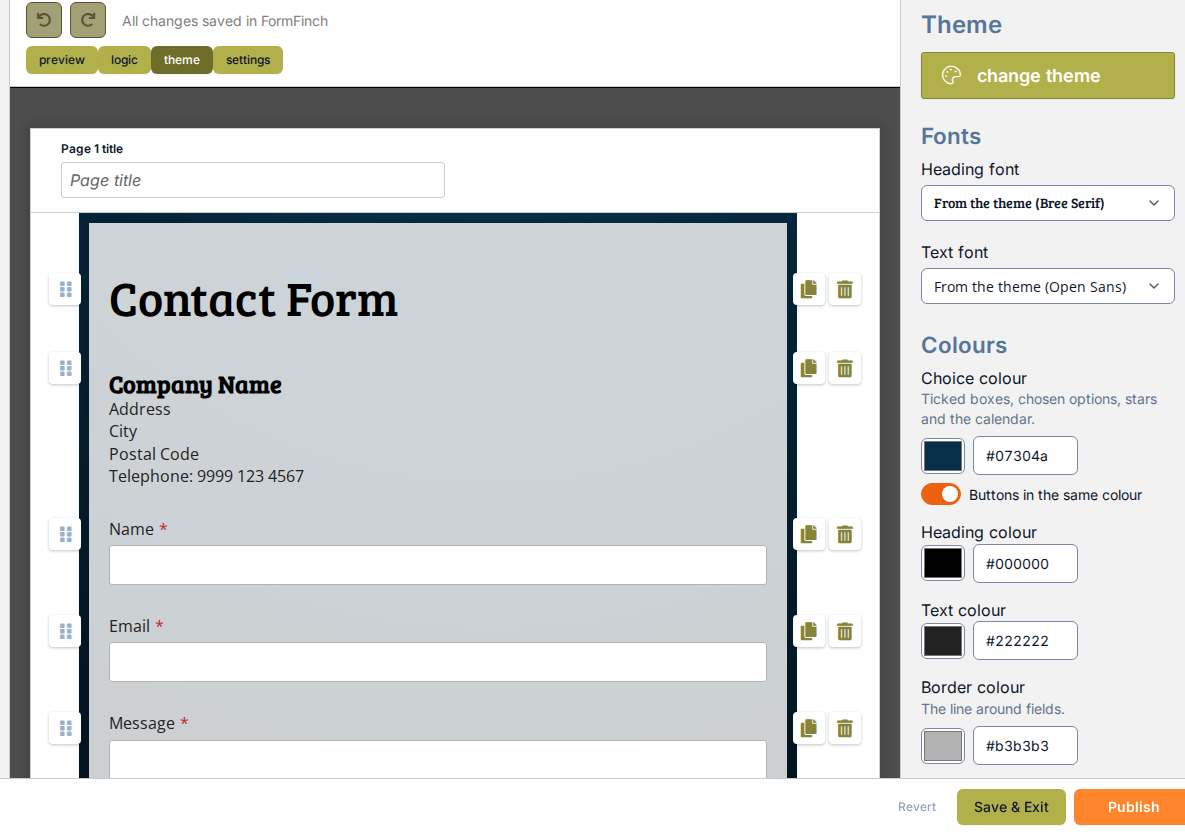 Theme panel Colours on an Elegant theme: Choice colour, Buttons in the same colour, Heading colour, Text colour and Border colour.