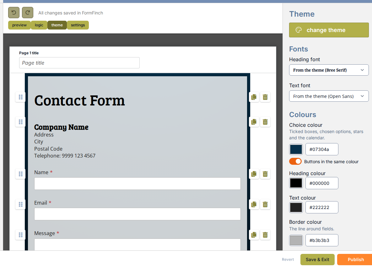 Theme panel Fonts above Colours. Heading font is From the theme (Bree Serif). Text font is From the theme (Open Sans).