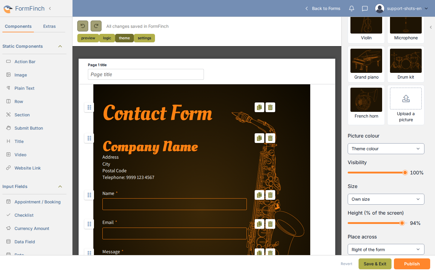 Designer on the Saxophone theme. An orange line-art saxophone stands to the right of the contact form. Picture colour is Theme colour.