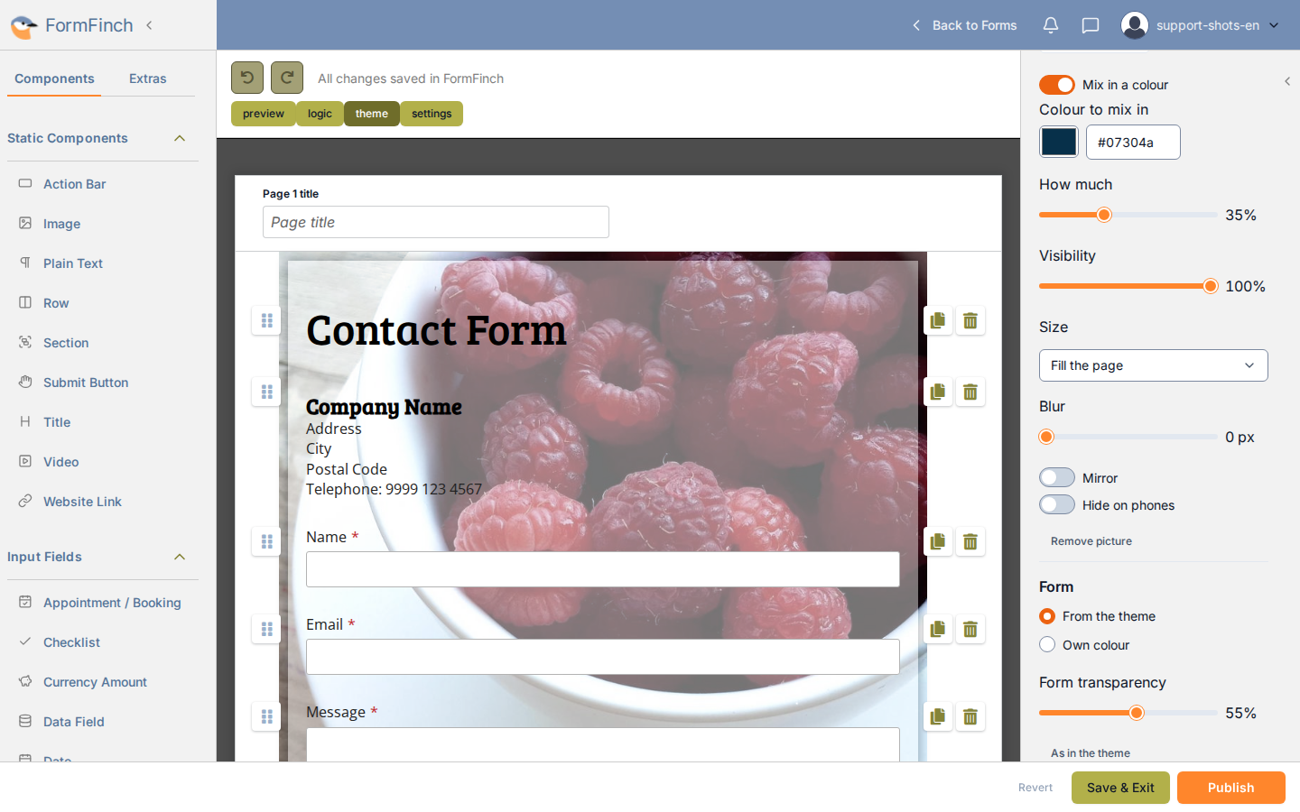 Designer with a raspberry photograph filling the page behind a slightly transparent contact form. Mix in a colour is on.
