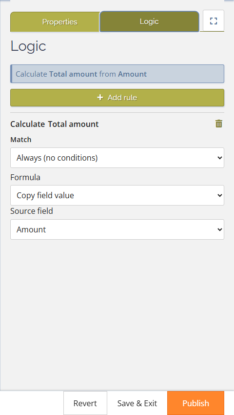 Calculated-value rule that stores a total in a Data Field
